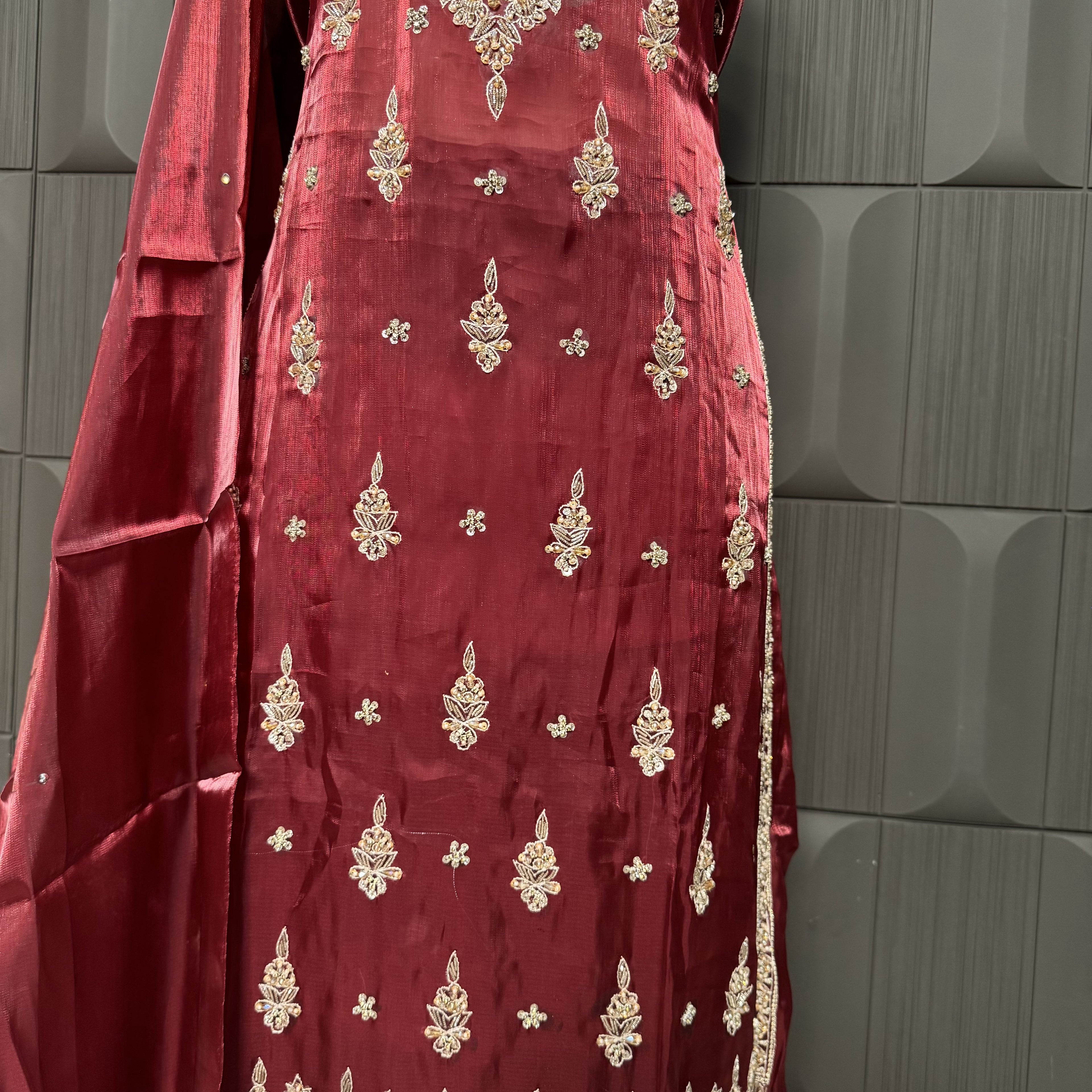 Party Wear Hand Work 4Pcs Unstitched Suit in Rust Sheesha Silk – PW018