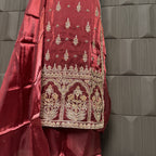 Party Wear Hand Work 4Pcs Unstitched Suit in Rust Sheesha Silk – PW018
