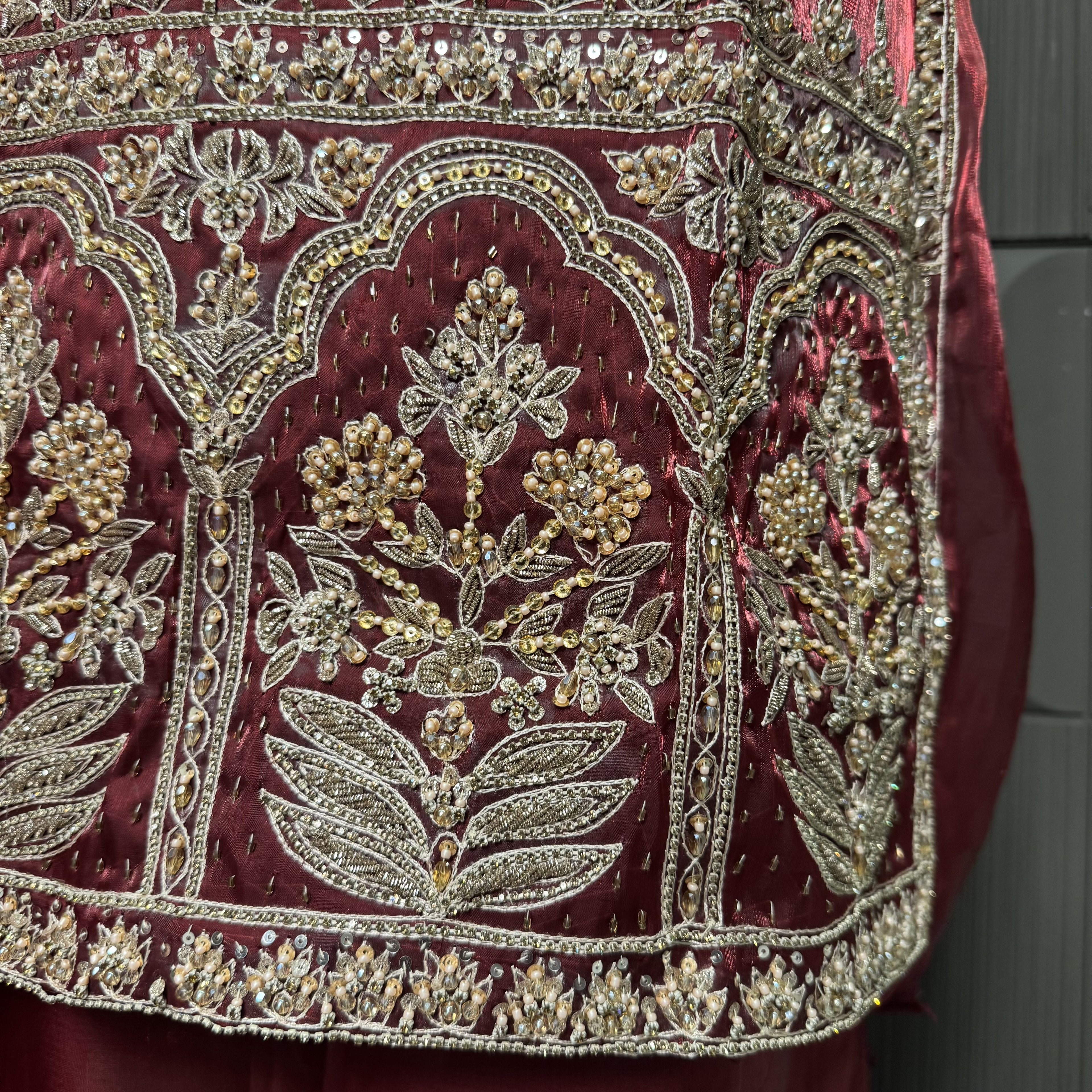 Party Wear Hand Work 4Pcs Unstitched Suit in Rust Sheesha Silk – PW018