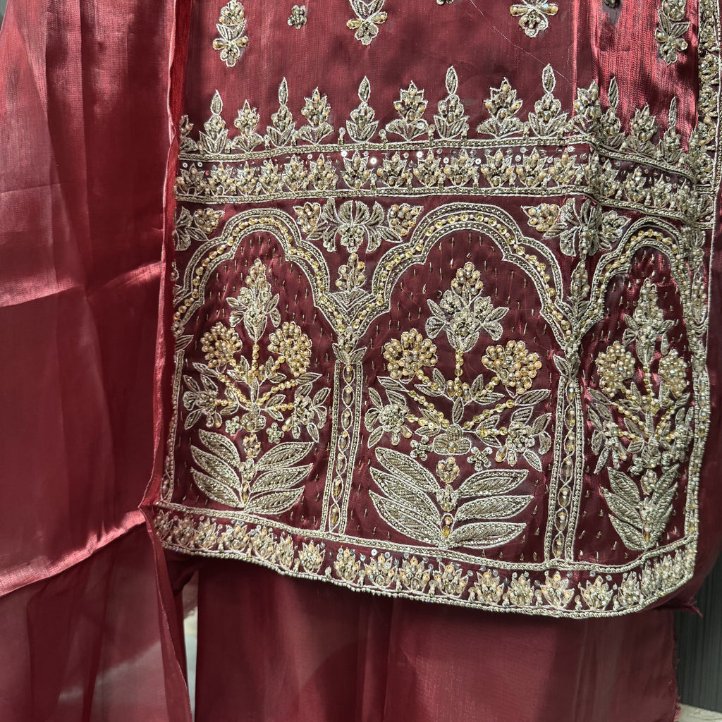 Party Wear Hand Work 4Pcs Unstitched Suit in Rust Sheesha Silk – PW018