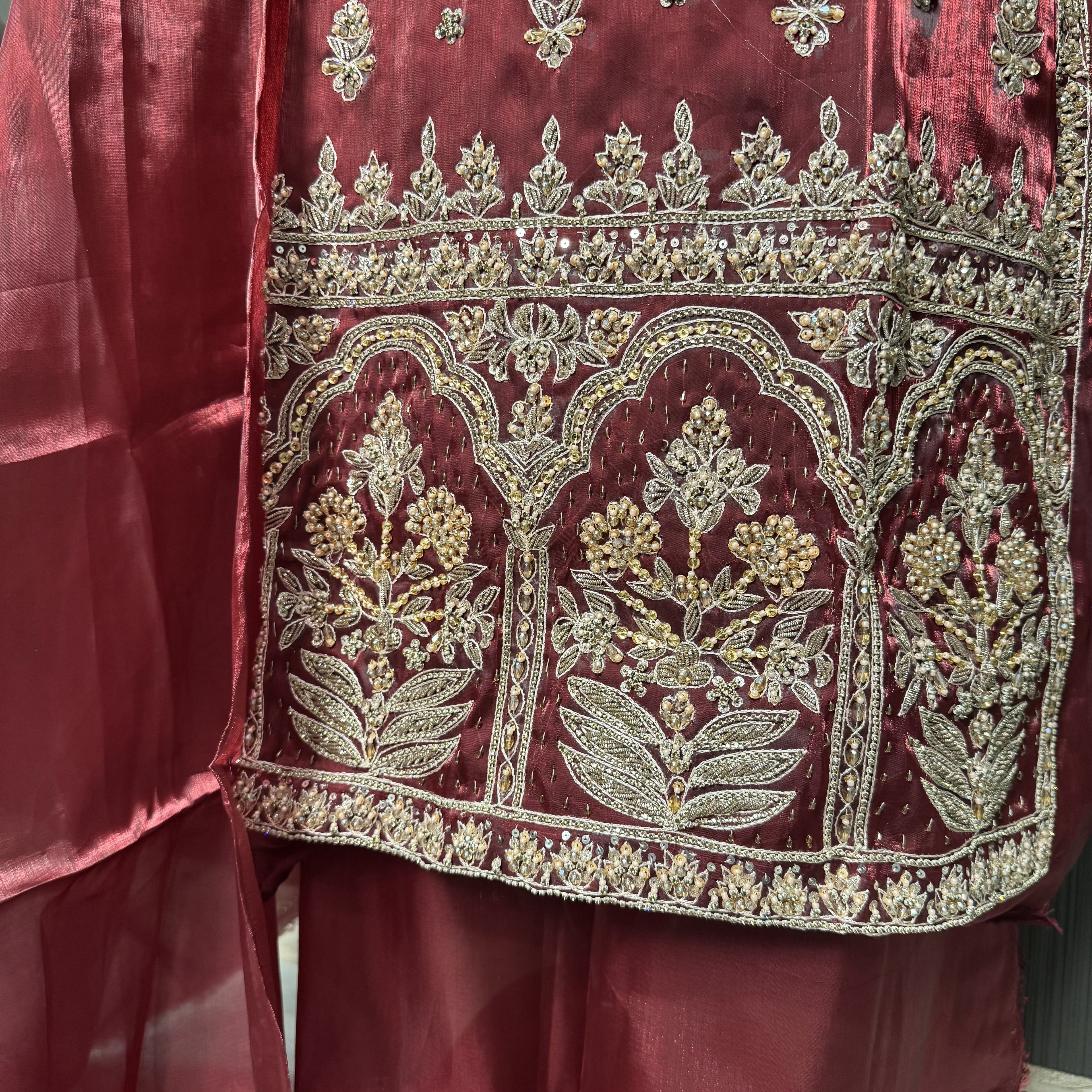 Party Wear Hand Work 4Pcs Unstitched Suit in Rust Sheesha Silk – PW018