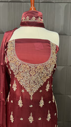 Party Wear Hand Work 4Pcs Unstitched Suit in Rust Sheesha Silk – PW018