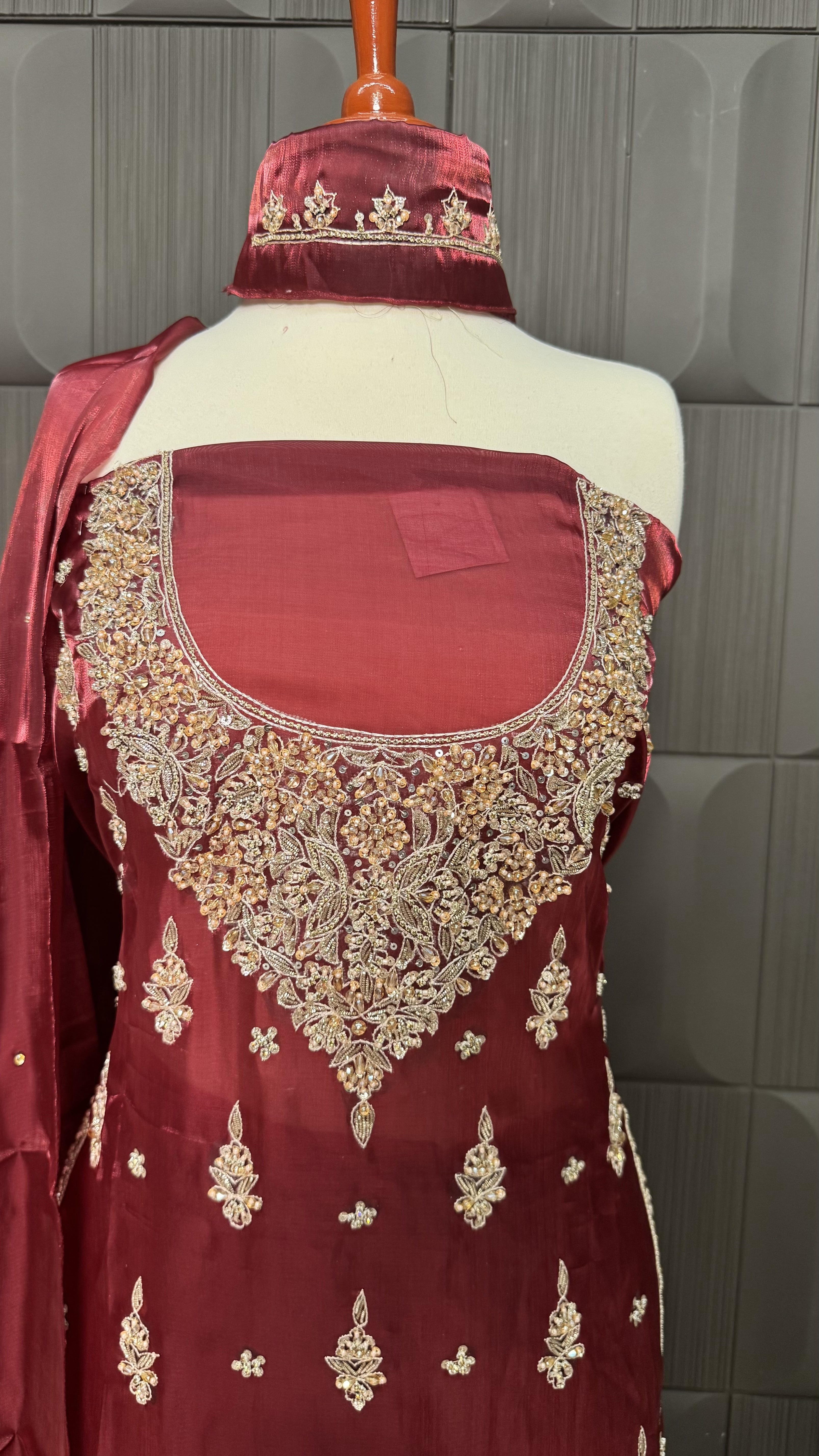 Party Wear Hand Work 4Pcs Unstitched Suit in Rust Sheesha Silk – PW018