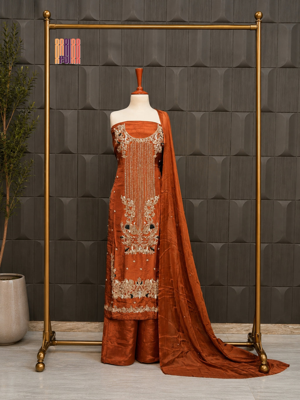 Party Wear Hand Work 4Pcs Unstitched Suit in Rust Tassel Silk – PW008