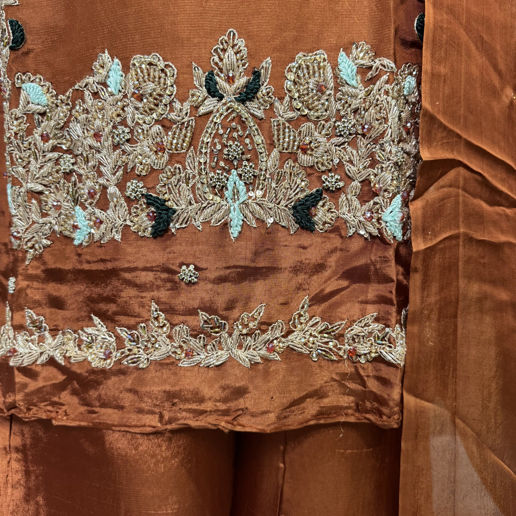 Party Wear Hand Work 4Pcs Unstitched Suit in Rust Tassel Silk – PW008