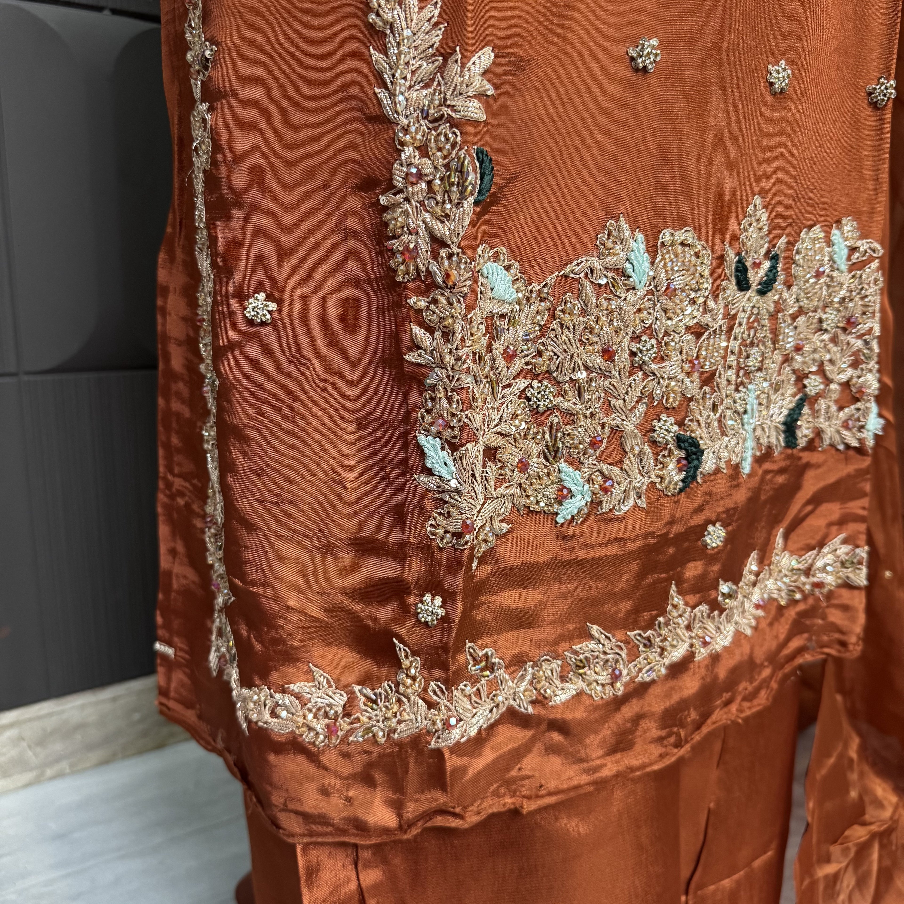 Party Wear Hand Work 4Pcs Unstitched Suit in Rust Tassel Silk – PW008
