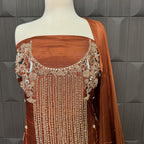 Party Wear Hand Work 4Pcs Unstitched Suit in Rust Tassel Silk – PW008
