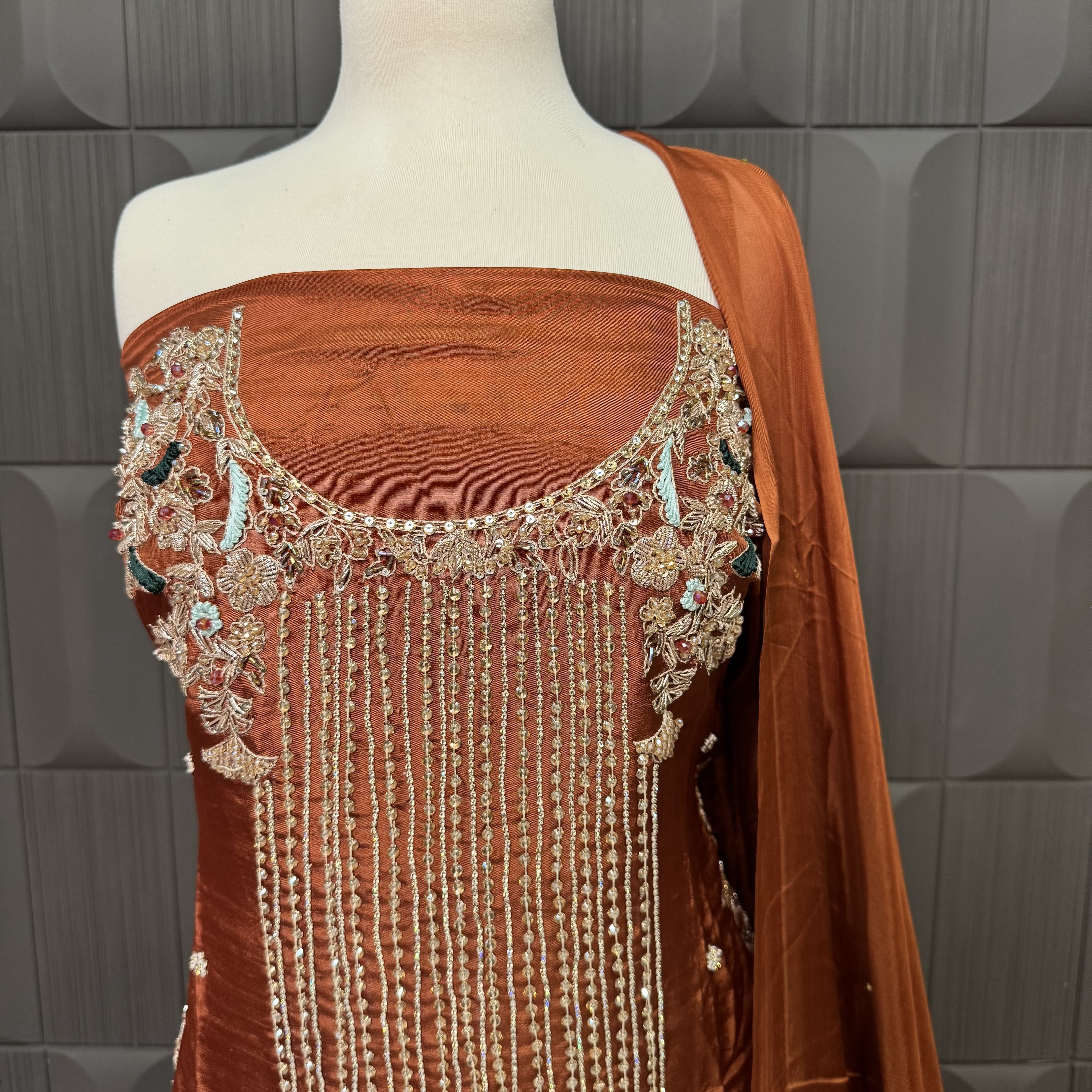 Party Wear Hand Work 4Pcs Unstitched Suit in Rust Tassel Silk – PW008