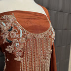 Party Wear Hand Work 4Pcs Unstitched Suit in Rust Tassel Silk – PW008