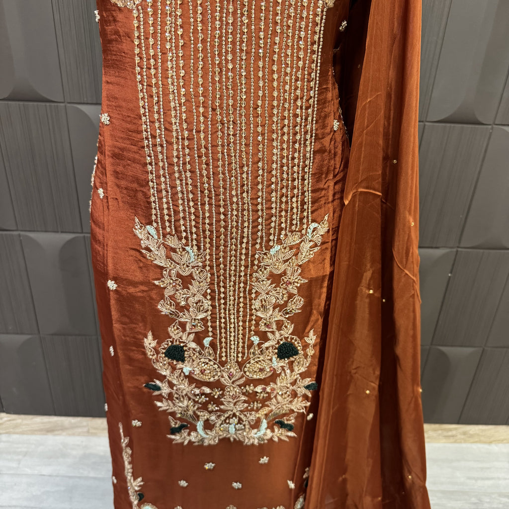 Party Wear Hand Work 4Pcs Unstitched Suit in Rust Tassel Silk – PW008