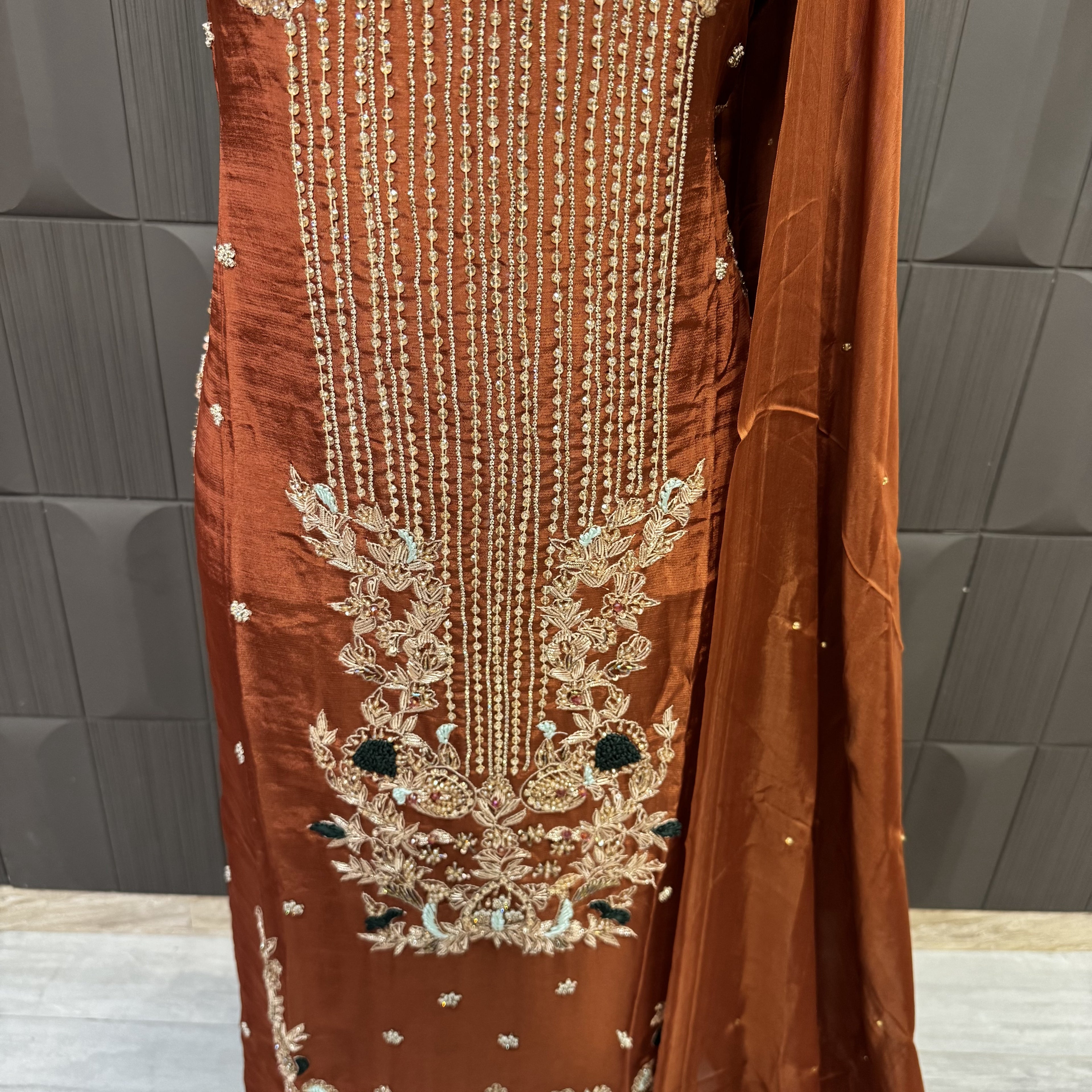 Party Wear Hand Work 4Pcs Unstitched Suit in Rust Tassel Silk – PW008