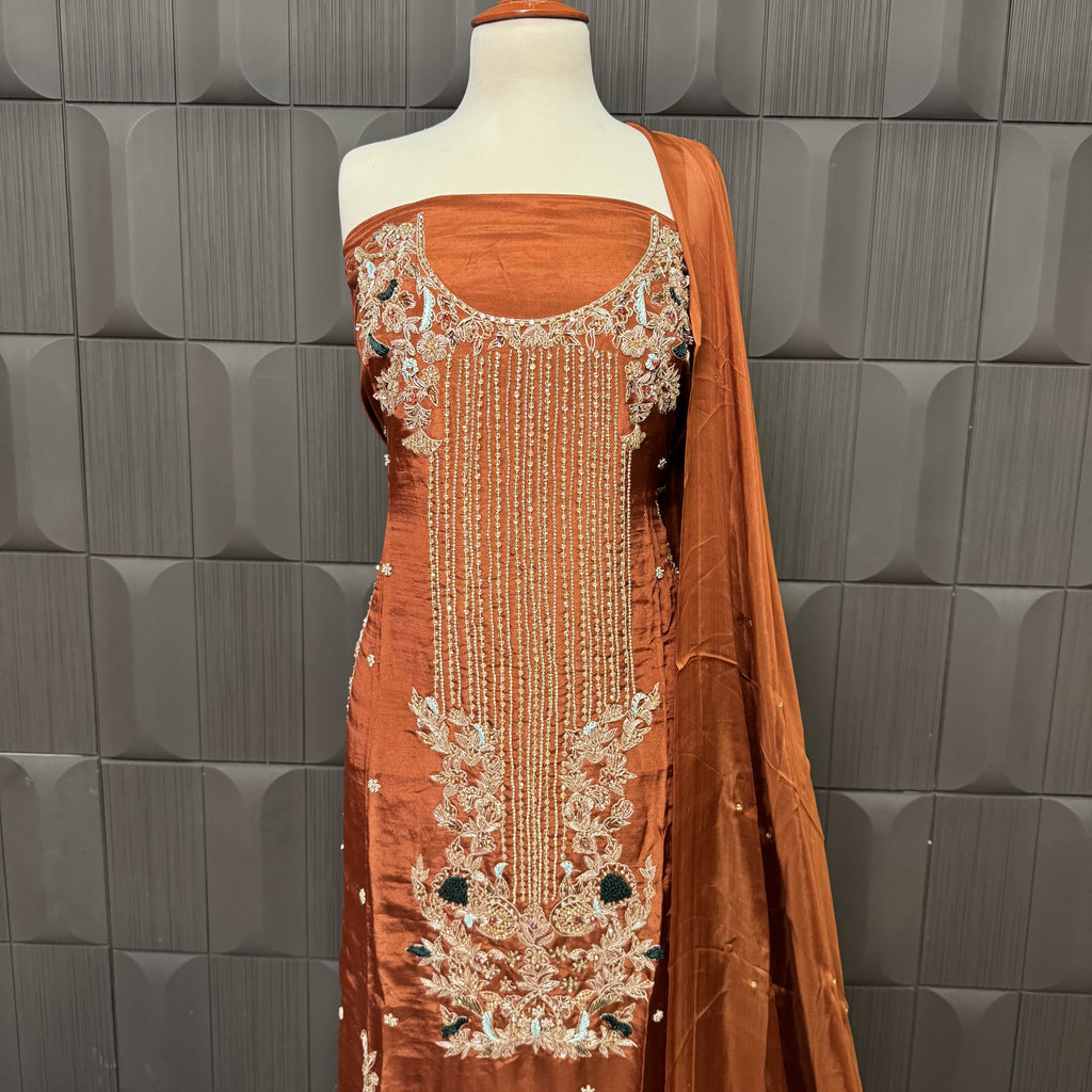 Party Wear Hand Work 4Pcs Unstitched Suit in Rust Tassel Silk – PW008