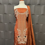 Party Wear Hand Work 4Pcs Unstitched Suit in Rust Tassel Silk – PW008
