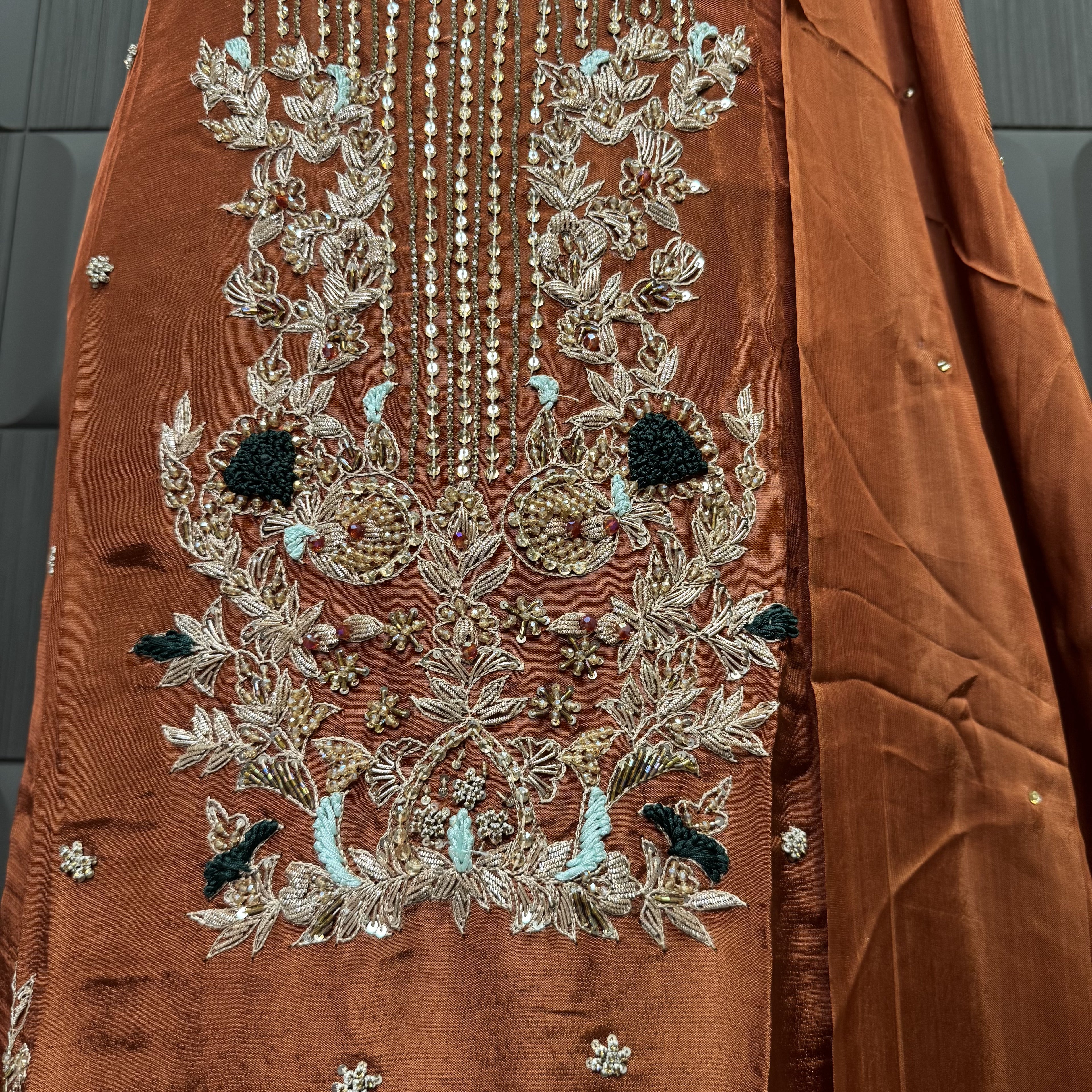 Party Wear Hand Work 4Pcs Unstitched Suit in Rust Tassel Silk – PW008