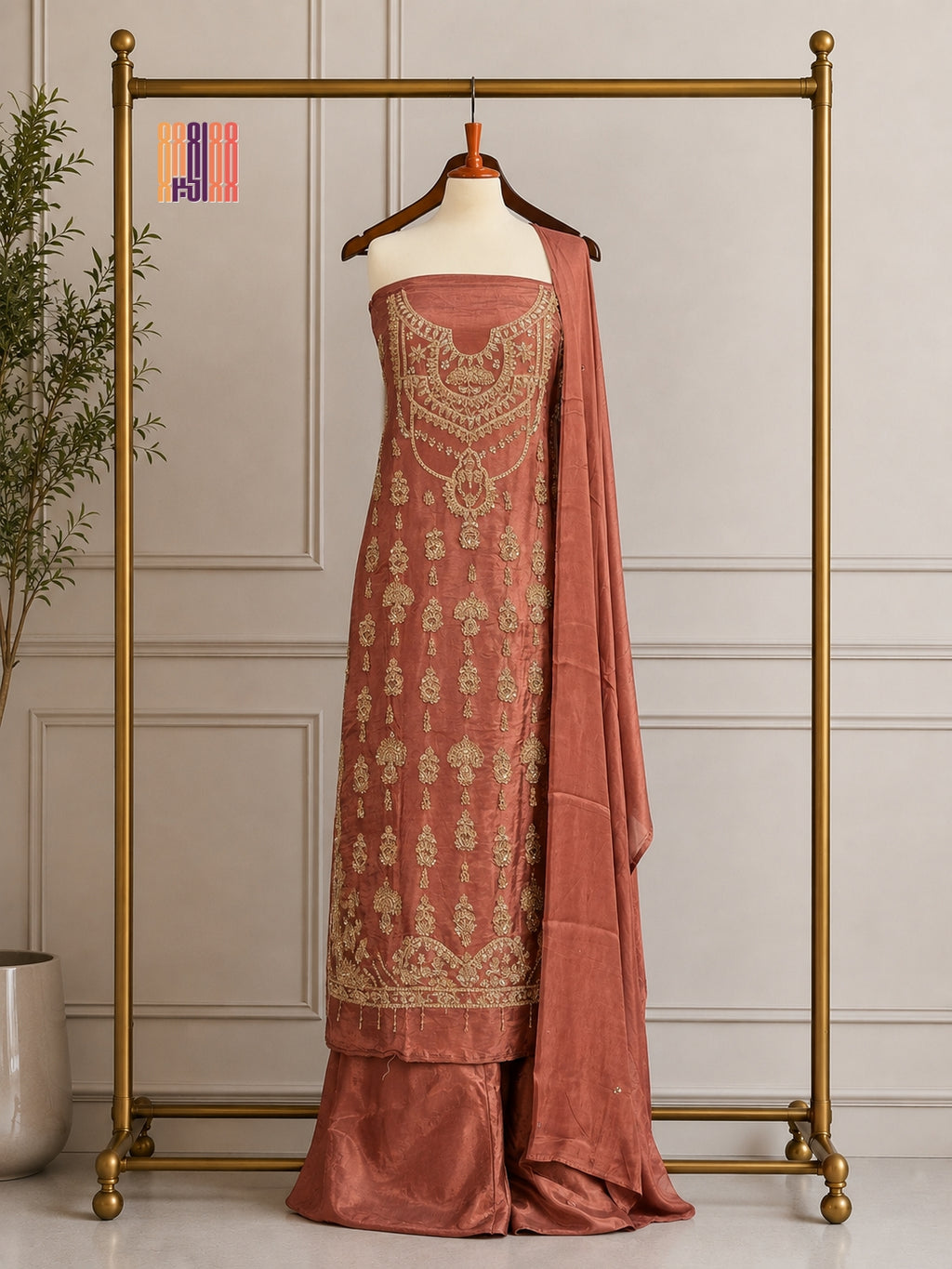 Party Wear Hand Work 4Pcs Unstitched Suit in Rust – PW006