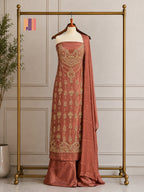 Party Wear Hand Work 4Pcs Unstitched Suit in Rust – PW006
