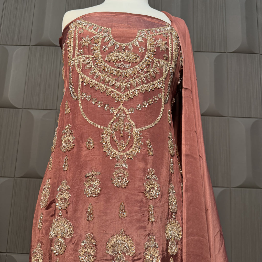 Party Wear Hand Work 4Pcs Unstitched Suit in Rust – PW006