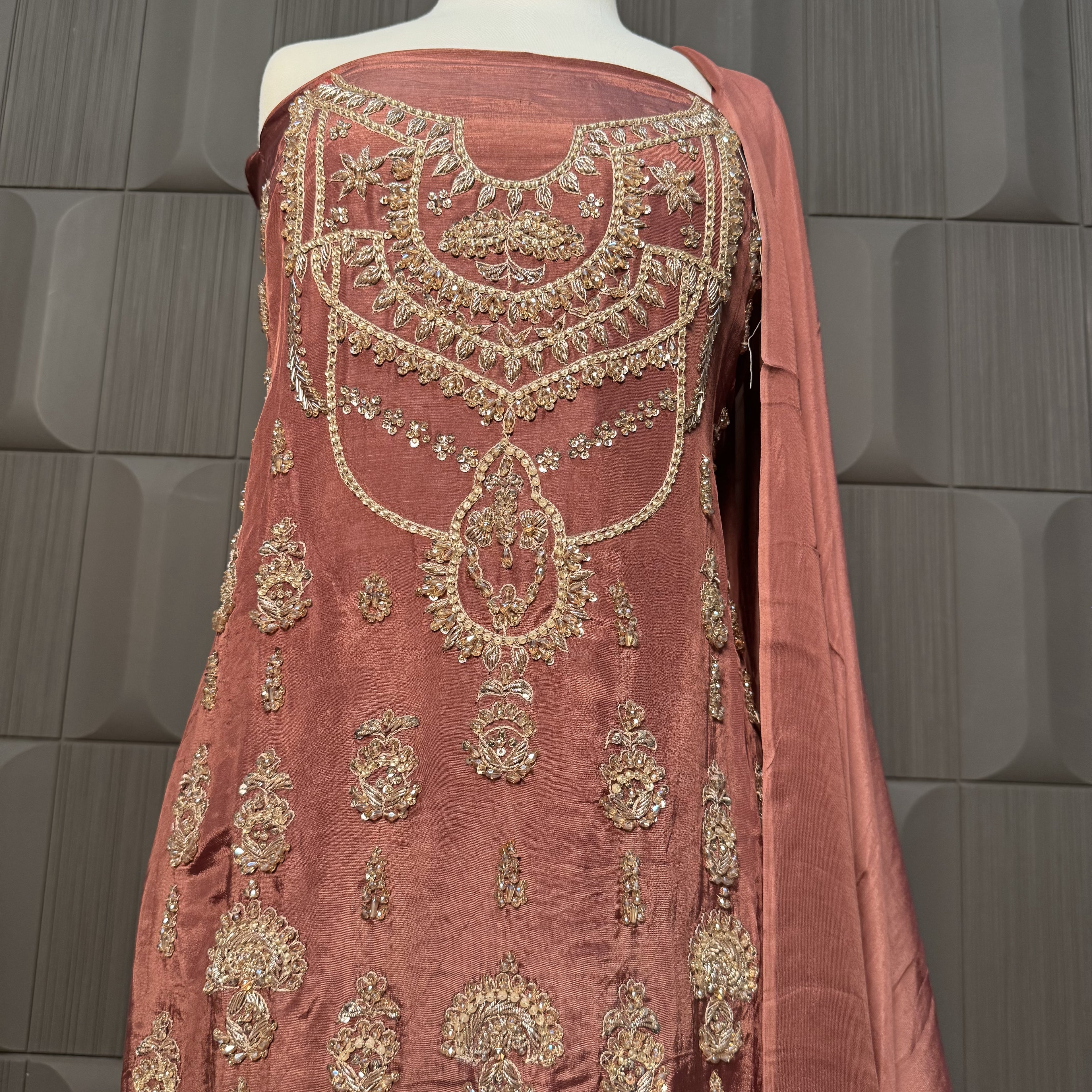 Party Wear Hand Work 4Pcs Unstitched Suit in Rust – PW006