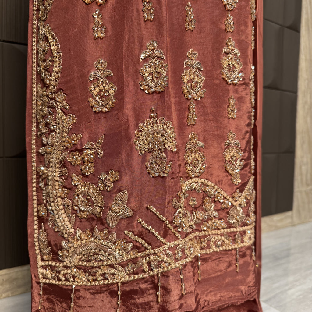 Party Wear Hand Work 4Pcs Unstitched Suit in Rust – PW006