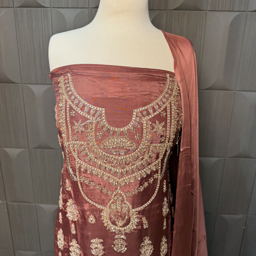 Party Wear Hand Work 4Pcs Unstitched Suit in Rust – PW006