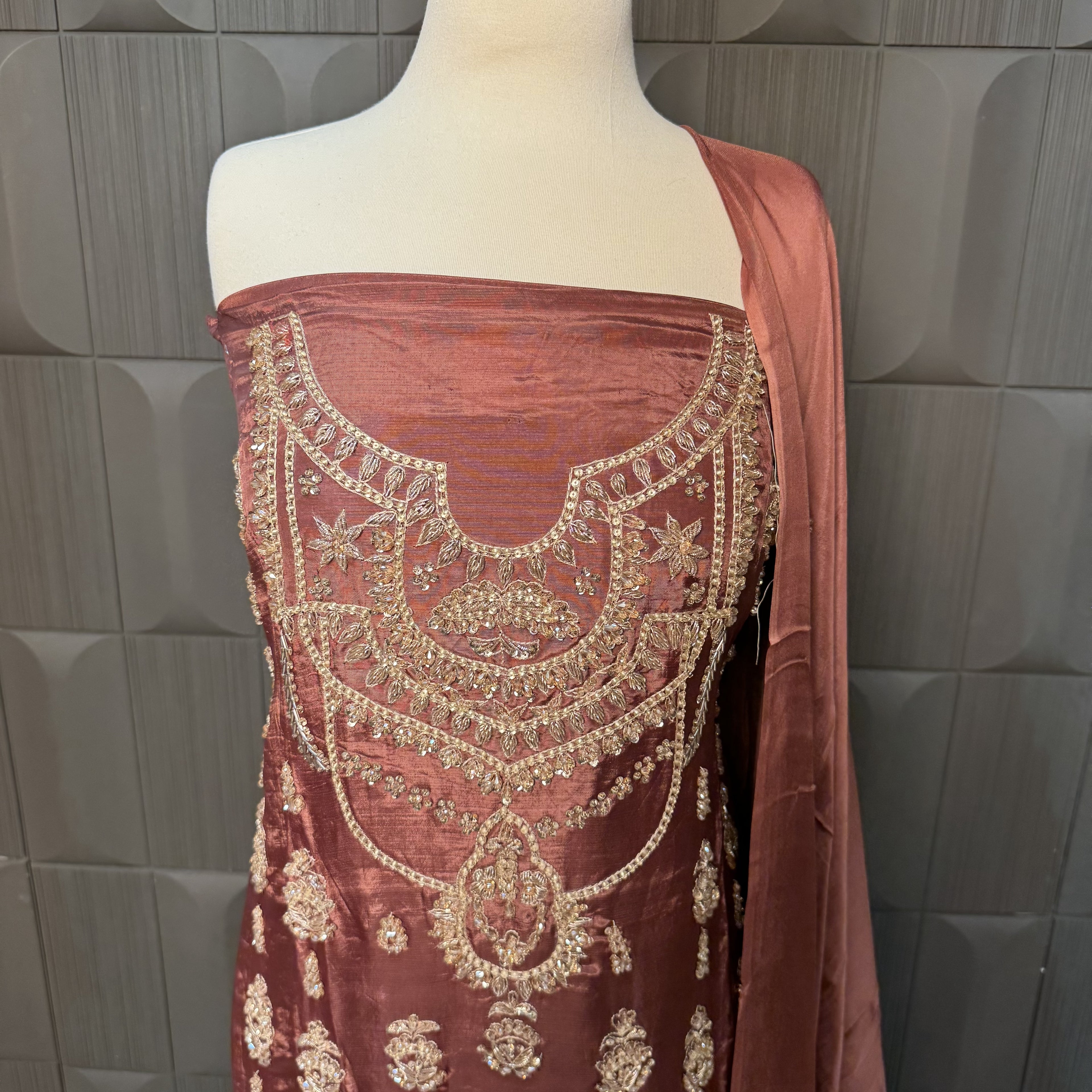 Party Wear Hand Work 4Pcs Unstitched Suit in Rust – PW006