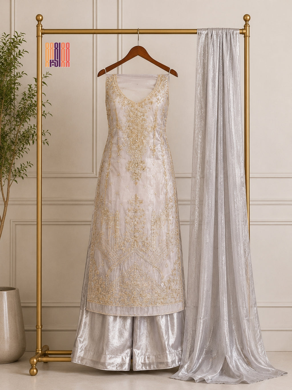Party Wear Hand Work 4Pcs Unstitched Suit in Silver Grey – PW015