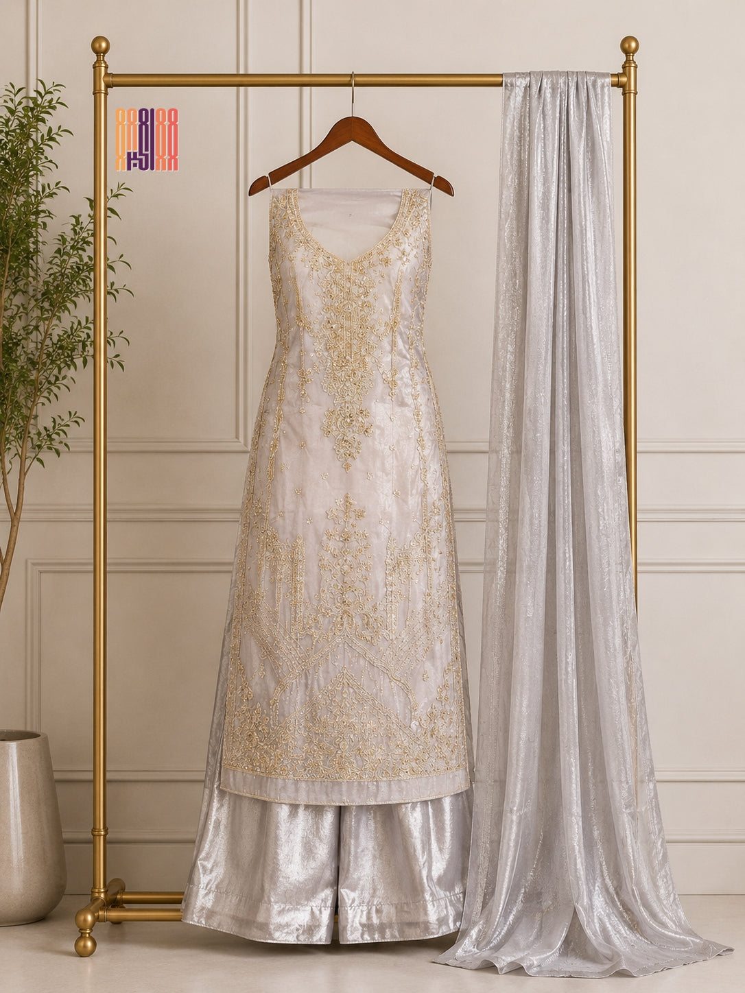 Party Wear Hand Work 4Pcs Unstitched Suit in Silver Grey – PW015