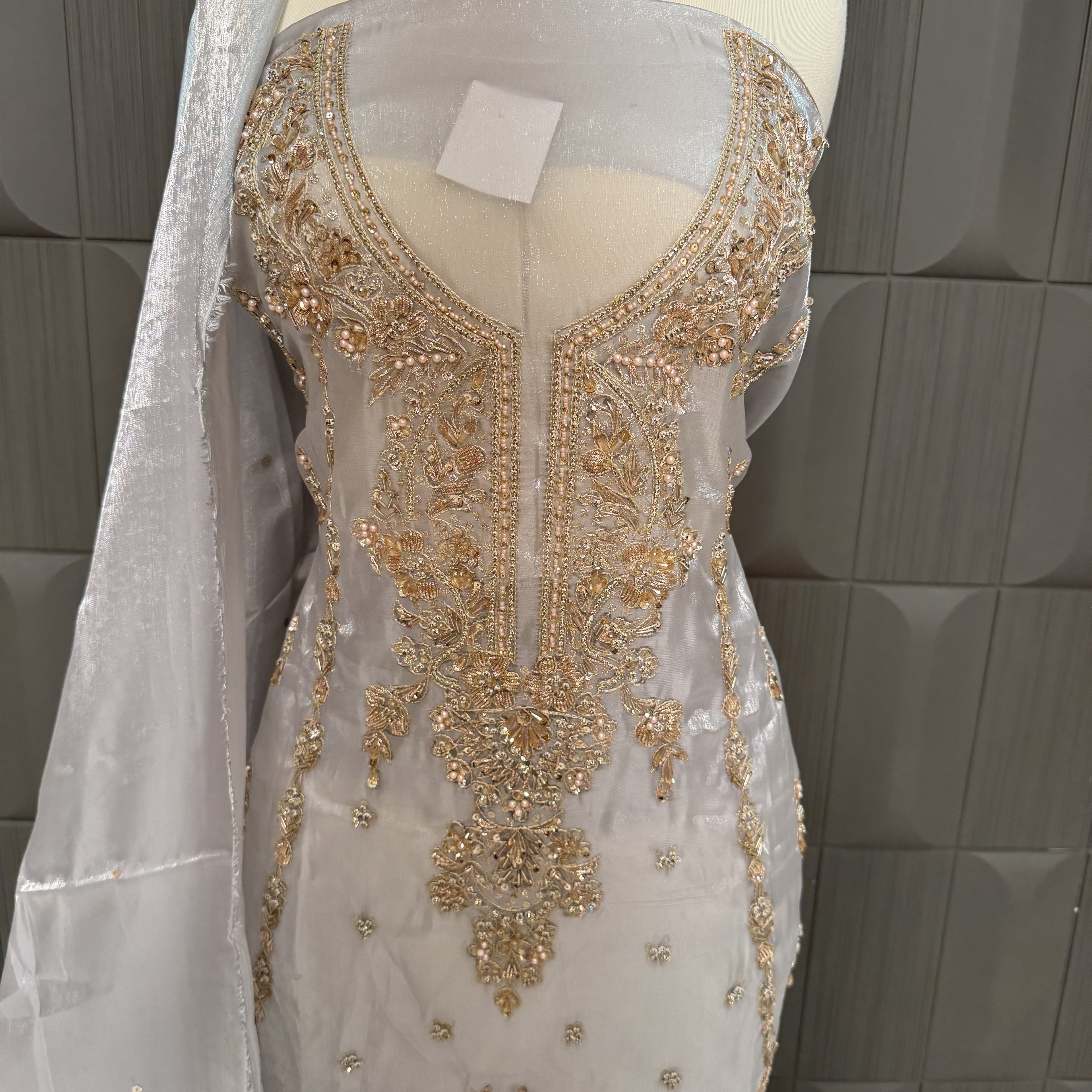 Party Wear Hand Work 4Pcs Unstitched Suit in Silver Grey – PW015
