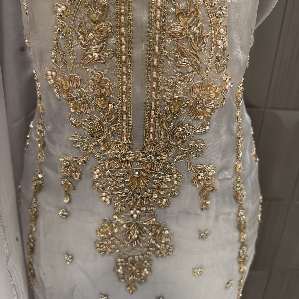 Party Wear Hand Work 4Pcs Unstitched Suit in Silver Grey – PW015