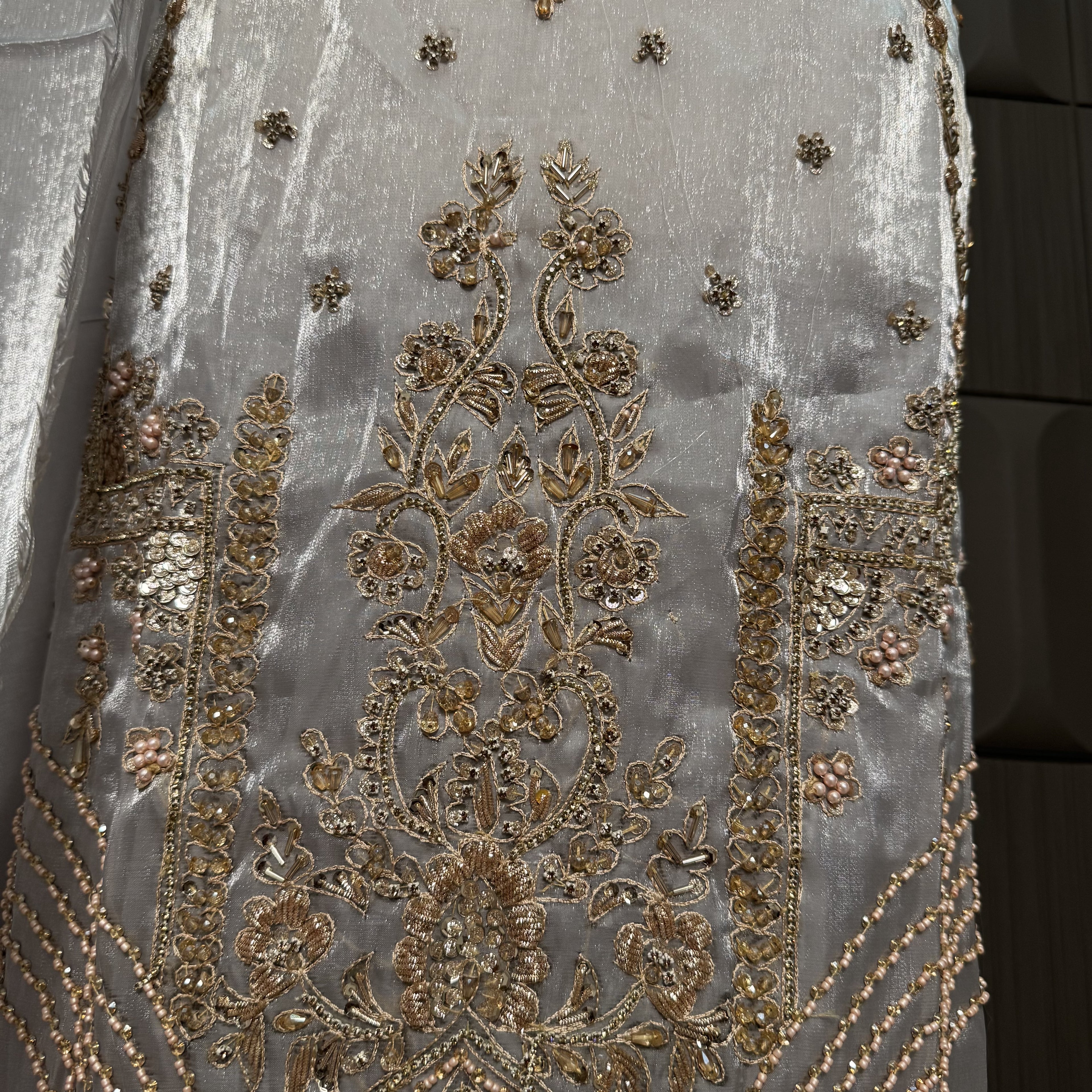 Party Wear Hand Work 4Pcs Unstitched Suit in Silver Grey – PW015