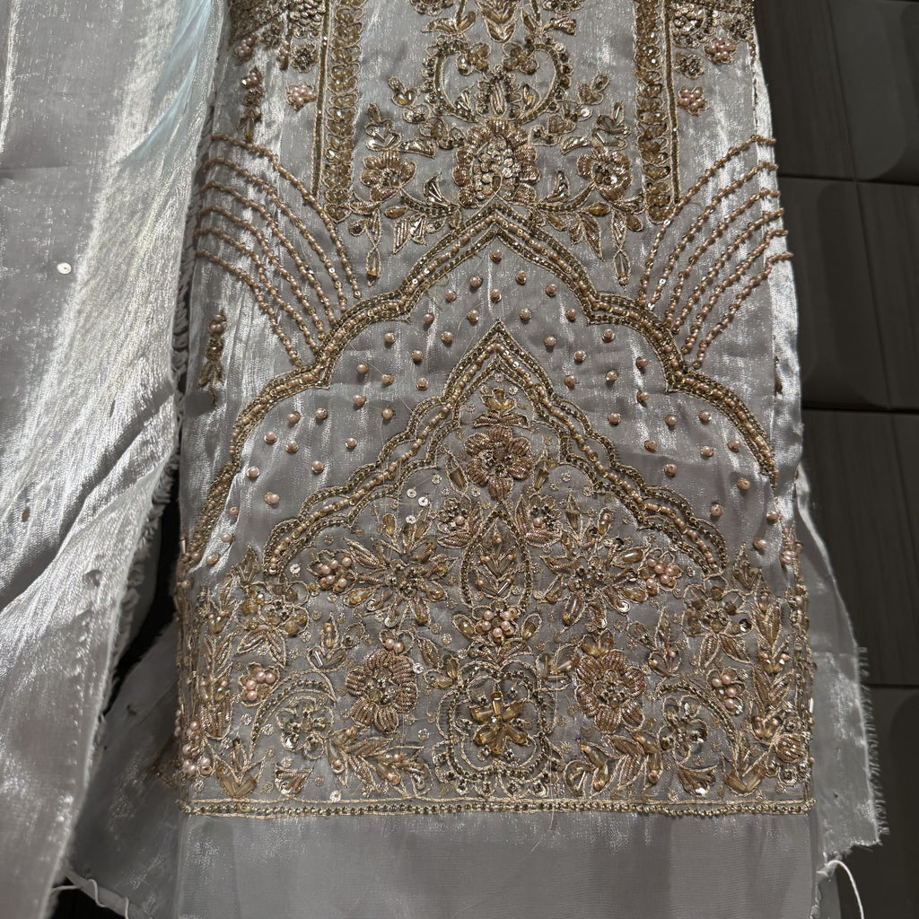 Party Wear Hand Work 4Pcs Unstitched Suit in Silver Grey – PW015