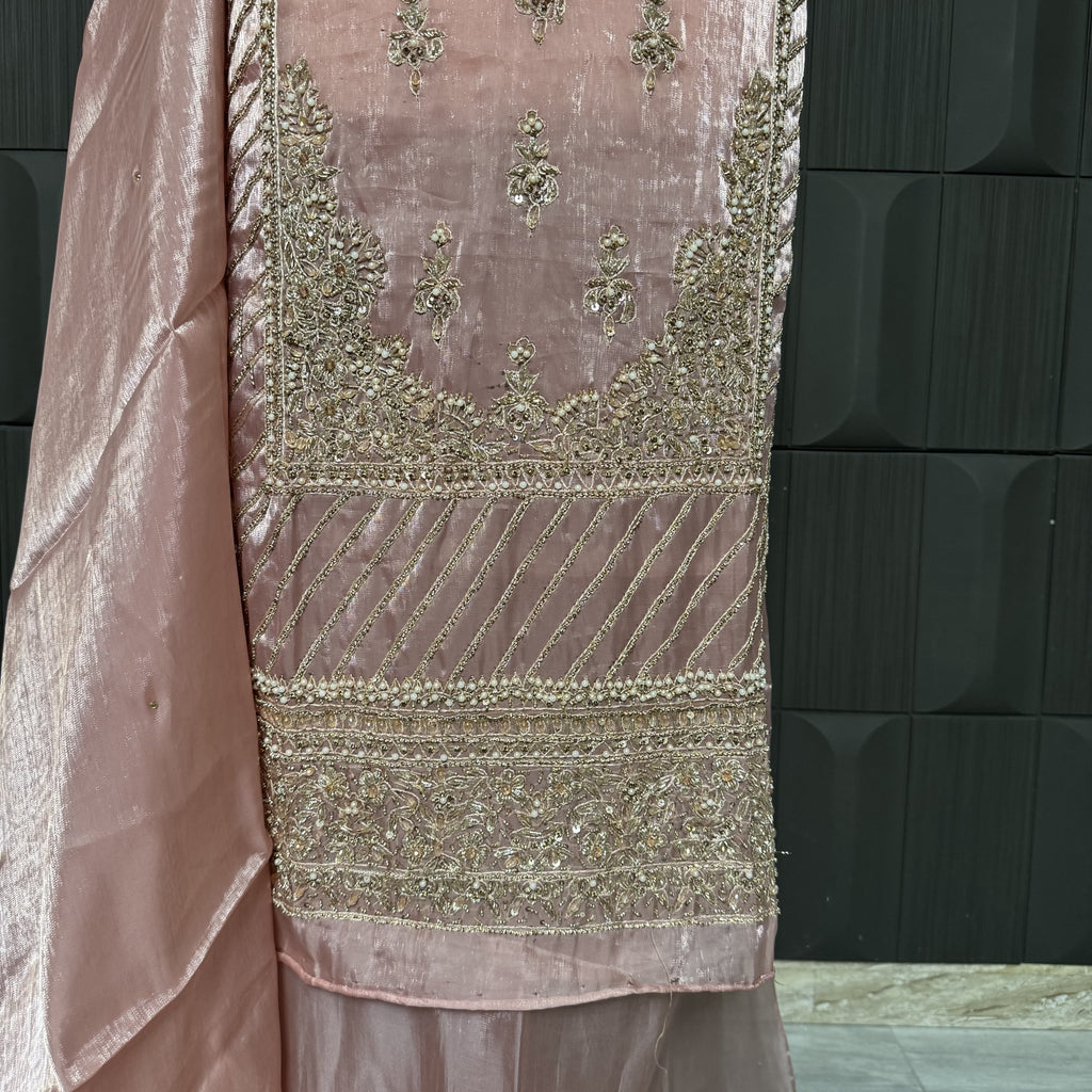 Party Wear Hand Work 4Pcs Unstitched Suit in Tea Pink – PW022