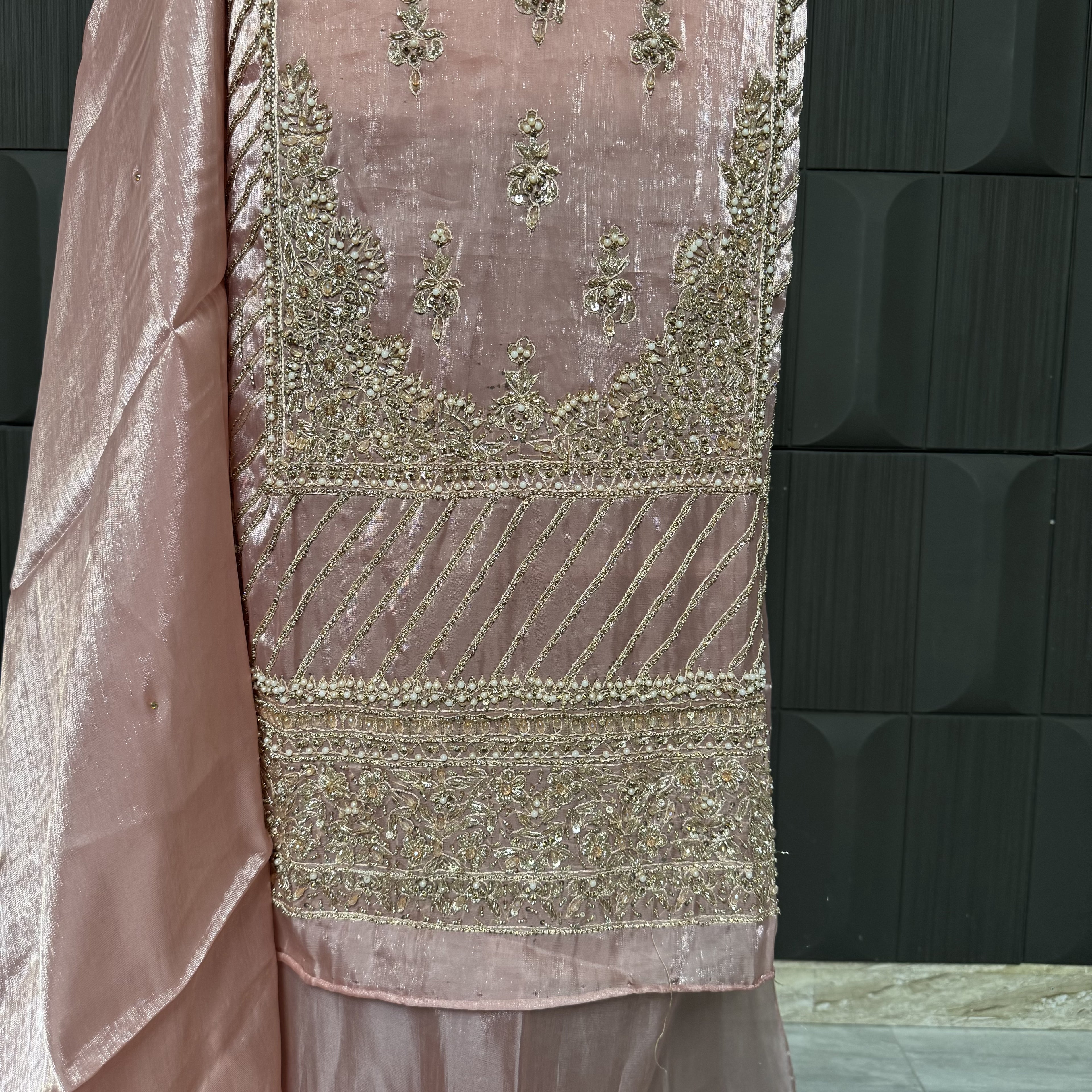 Party Wear Hand Work 4Pcs Unstitched Suit in Tea Pink – PW022