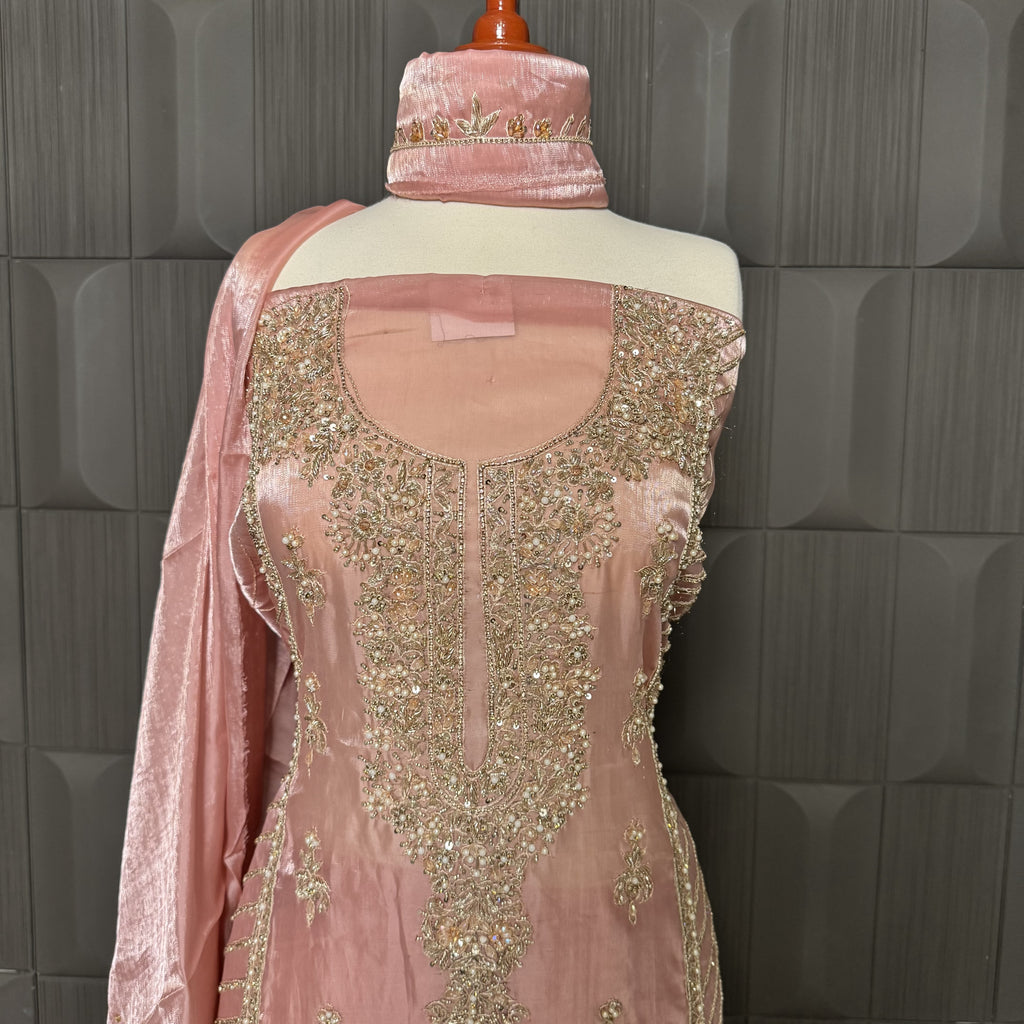 Party Wear Hand Work 4Pcs Unstitched Suit in Tea Pink – PW022