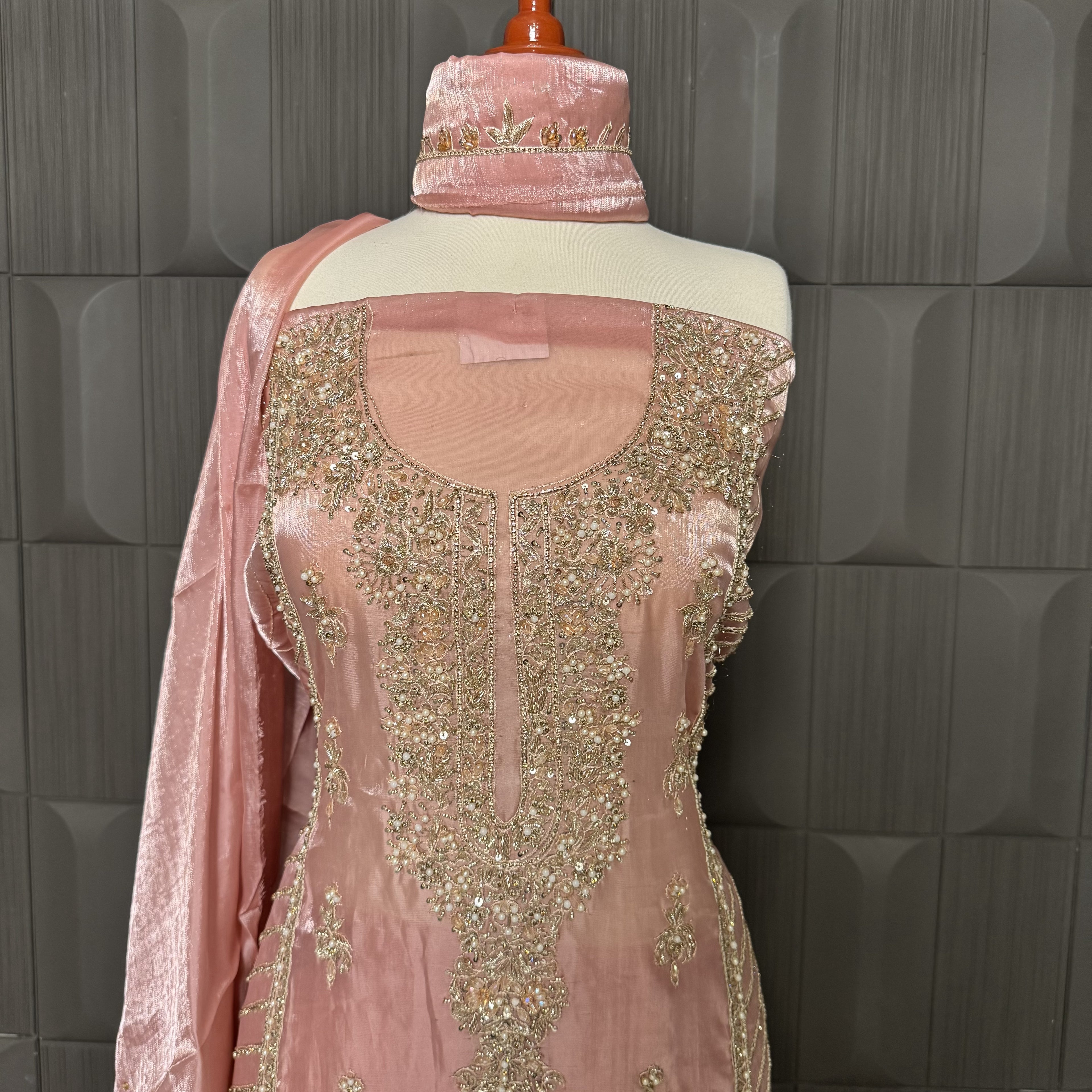 Party Wear Hand Work 4Pcs Unstitched Suit in Tea Pink – PW022