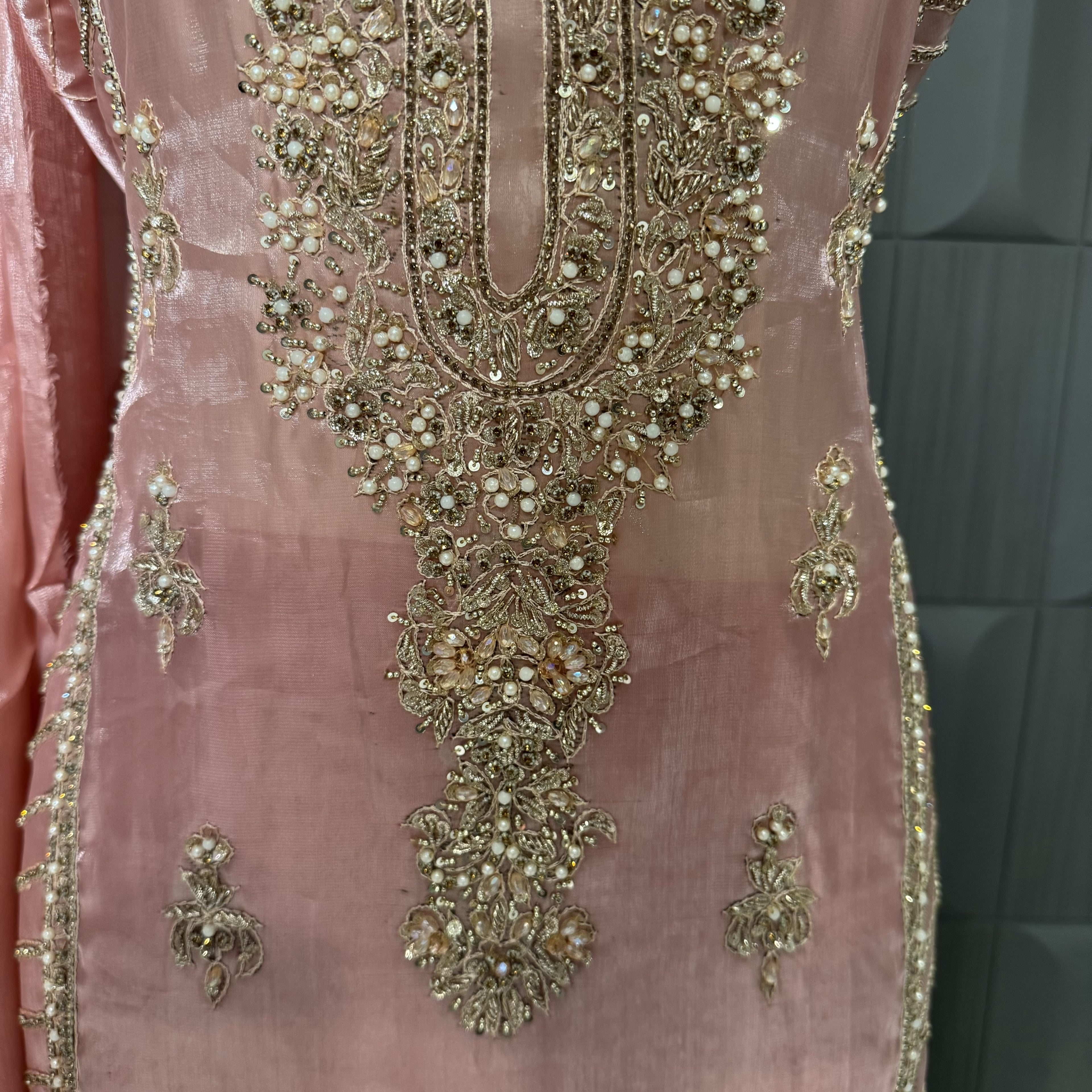 Party Wear Hand Work 4Pcs Unstitched Suit in Tea Pink – PW022