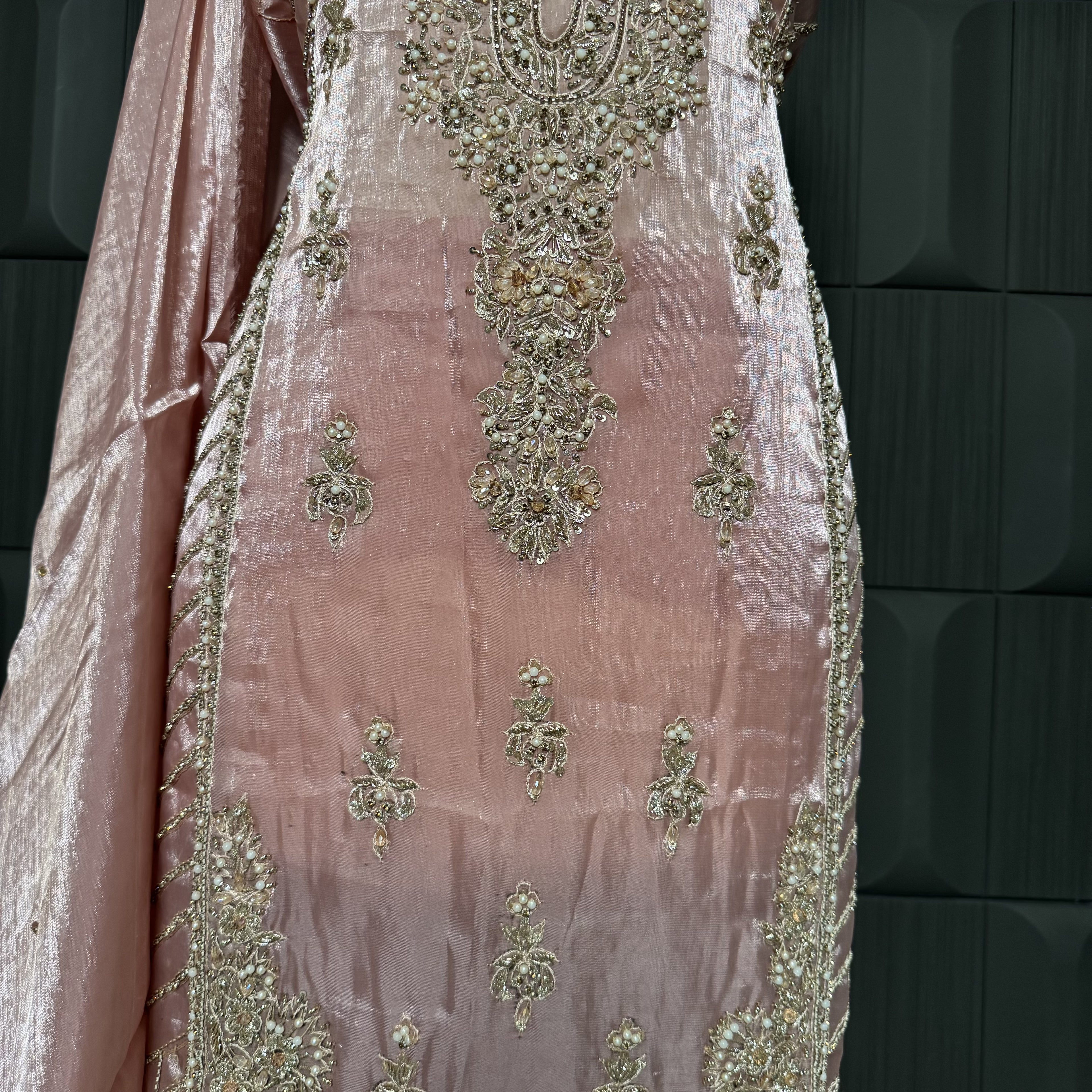 Party Wear Hand Work 4Pcs Unstitched Suit in Tea Pink – PW022