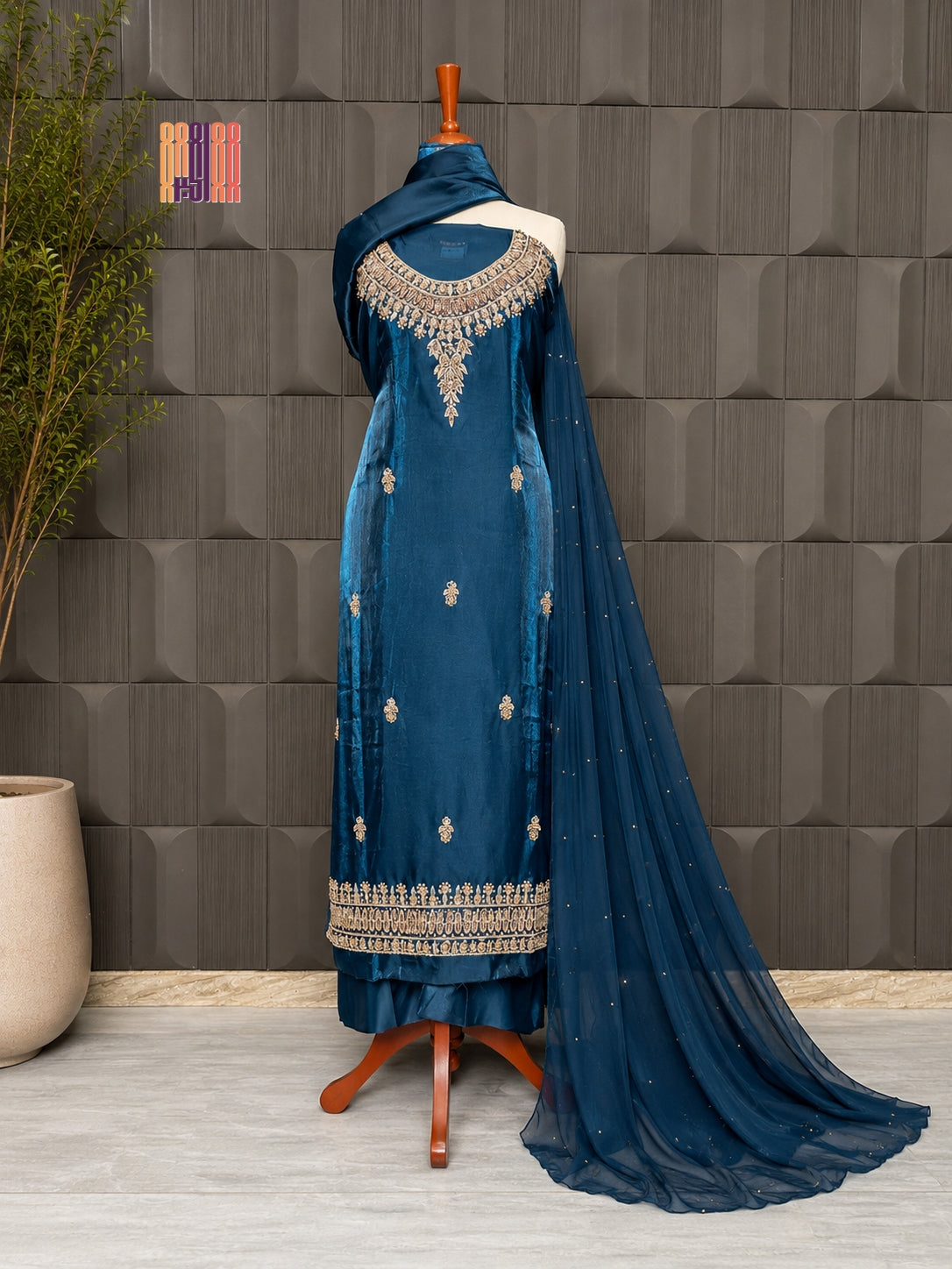 Party Wear Hand Work 4Pcs Unstitched Suit in Zinc - PW021