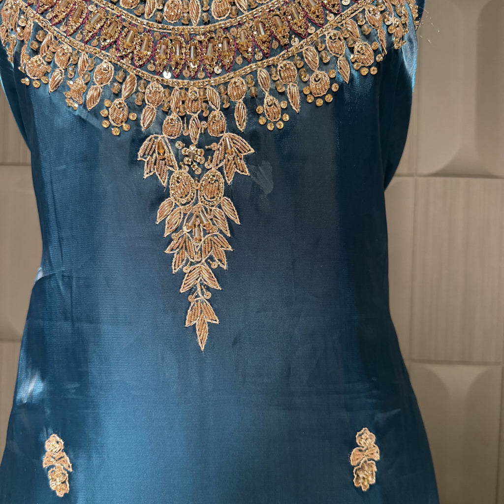 Party Wear Hand Work 4Pcs Unstitched Suit in Zinc - PW021