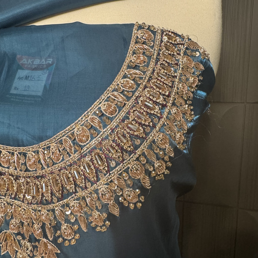 Party Wear Hand Work 4Pcs Unstitched Suit in Zinc - PW021