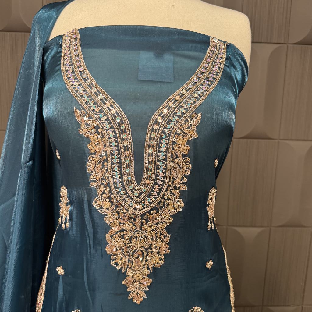 Party Wear Hand Work 4Pcs Unstitched Suit in Zinc – PW019