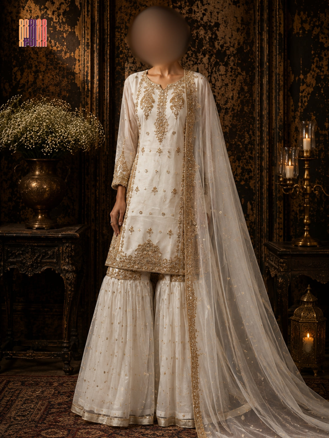 Party wear PW038 full view – white net hand embroidery garara design Pakistani party wear dress for women
