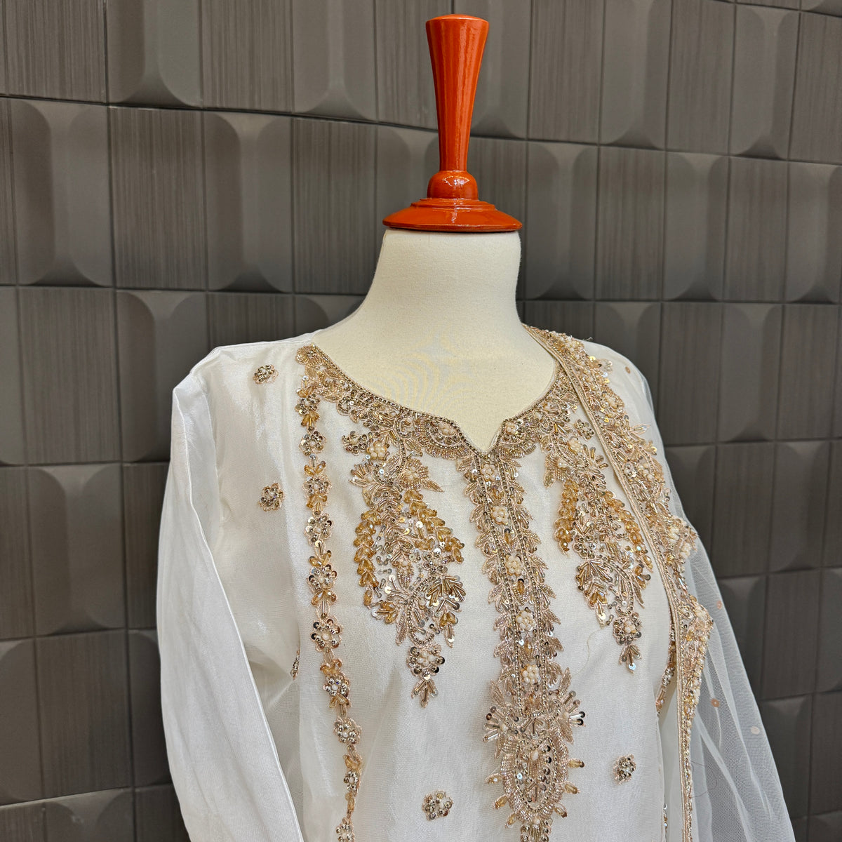 Party wear dresses in Pakistan PW038 shirt view – white net with hand embroidery front work garara nikah suit
