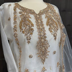 Party wear dresses for girl in Pakistan PW038 shirt close up – hand embroidery detail on white net fabric nikah suit
