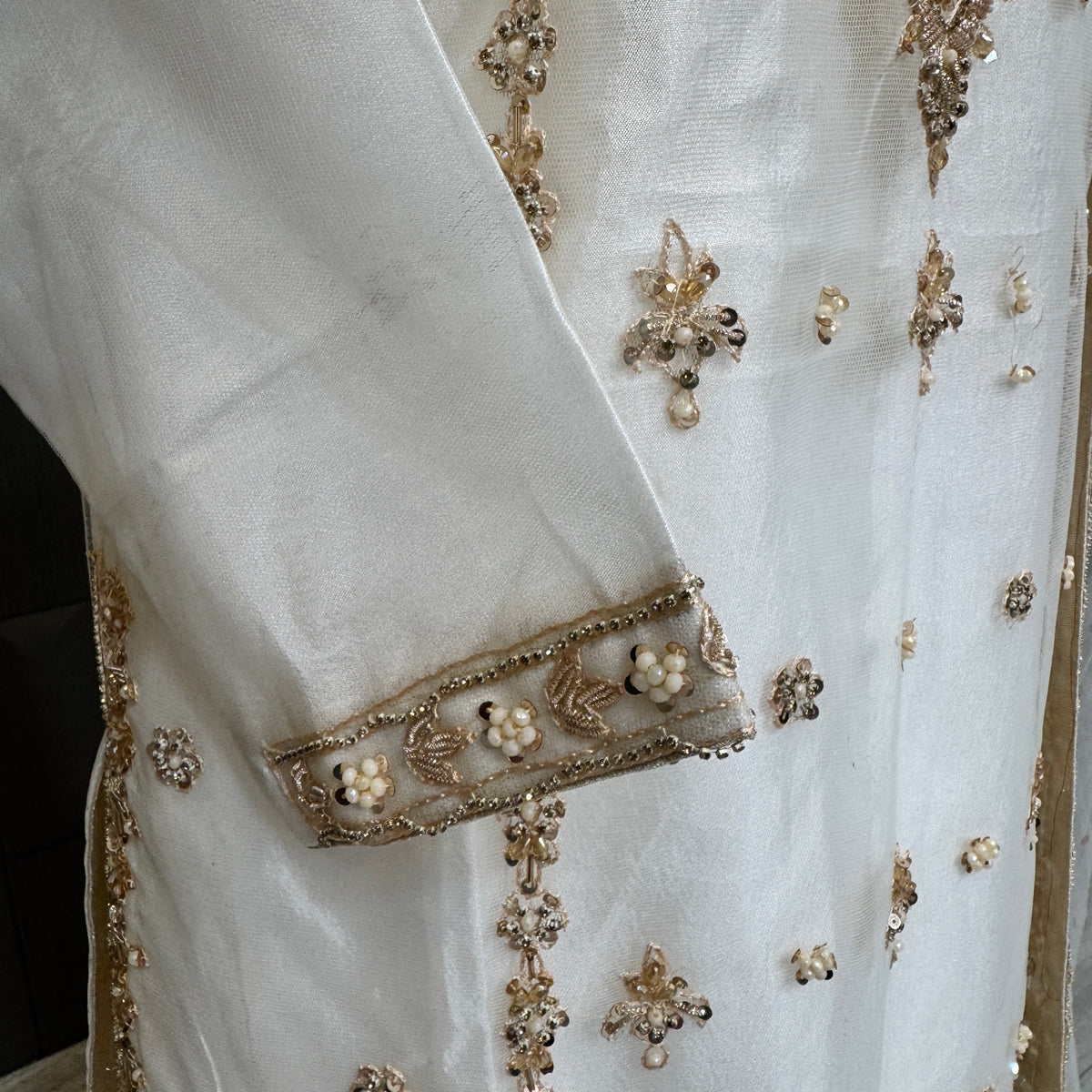Party wear dresses for women PW038 shirt  sleeves embroidery close up – hand work detail on white net garara Pakistani party wear

