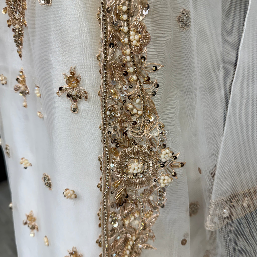 Party wear dresses pakistani brands PW038 shirt front close up – hand embroidery work on white net fabric Pakistan
