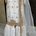 Party wear dresses pakistani brands PW038 shirt front close up – hand embroidery work on white net fabric Pakistan
