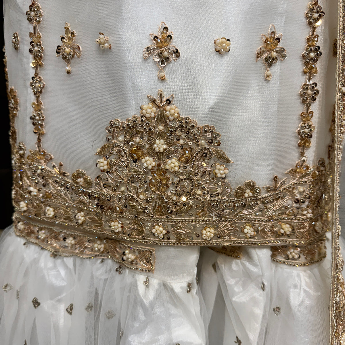 Party wear dresses for women PW038 shirt bottom embroidery close up – hand work detail on white net garara Pakistani party wear
