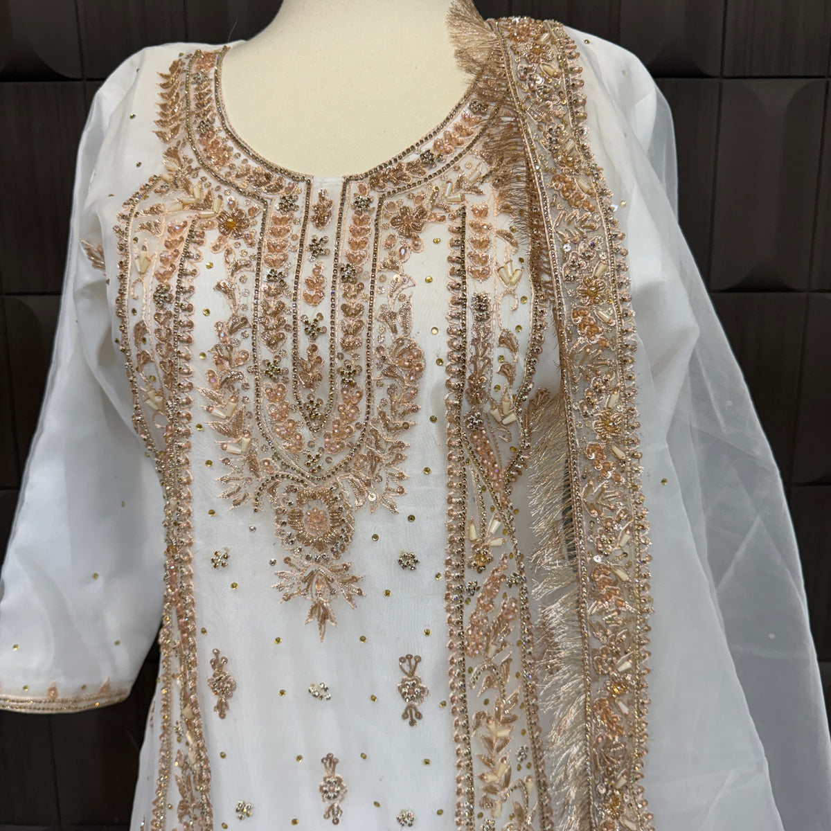 Party wear dresses in Pakistan PW039 shirt view – white organza tissue with hand embroidery front work garara nikah suit
