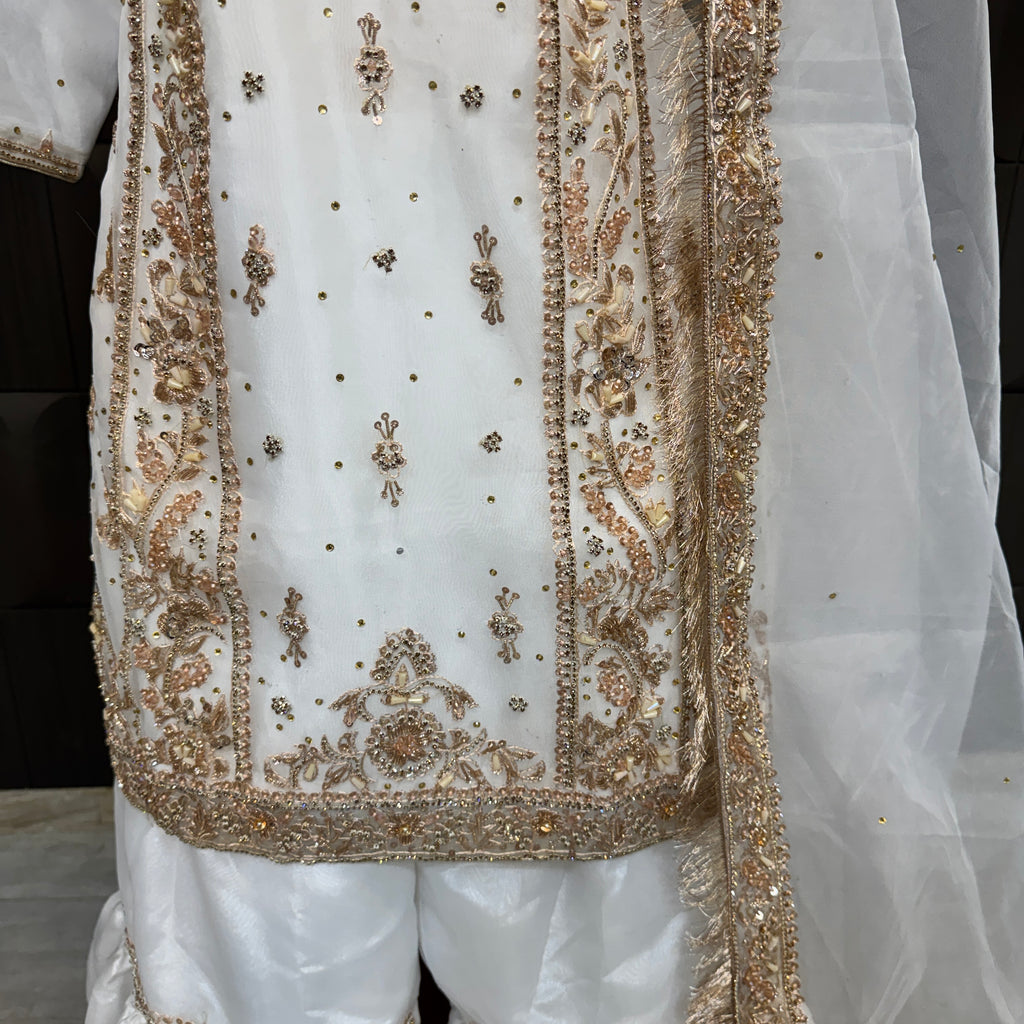 Party wear dresses pakistani brands PW039 shirt  bottom front close up – hand embroidery work on white organza tissue Pakistan
